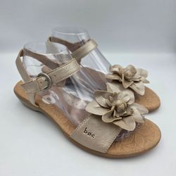 BOC Born Concept Leather Women's Sz 9 Wedge Ankle Strap Sandals Gold Flower