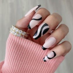 Press On Nails 30 Pcs - Black Swirl Glue On Nail Kit