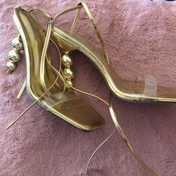 Gold Metallic Clear Strappy Heels - Size 9
