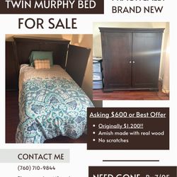 Practically BRAND NEW Twin Murphy Bed $600 Or Best Offer NEED GONE by 7/05