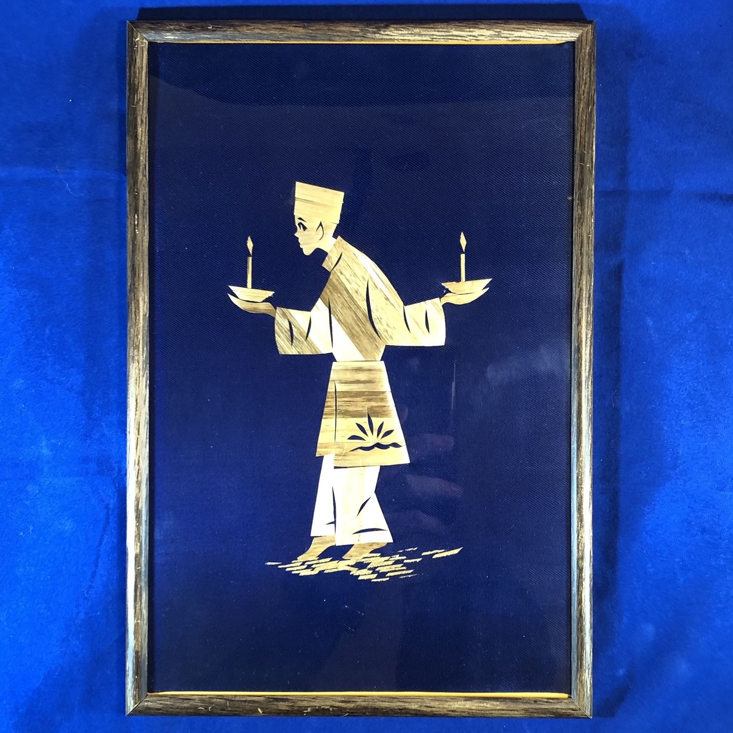 Vintage Bamboo/Wooden Veneer Picture - Candle Light - Blue & Gold Asian Wall Art, # 155 of 200.