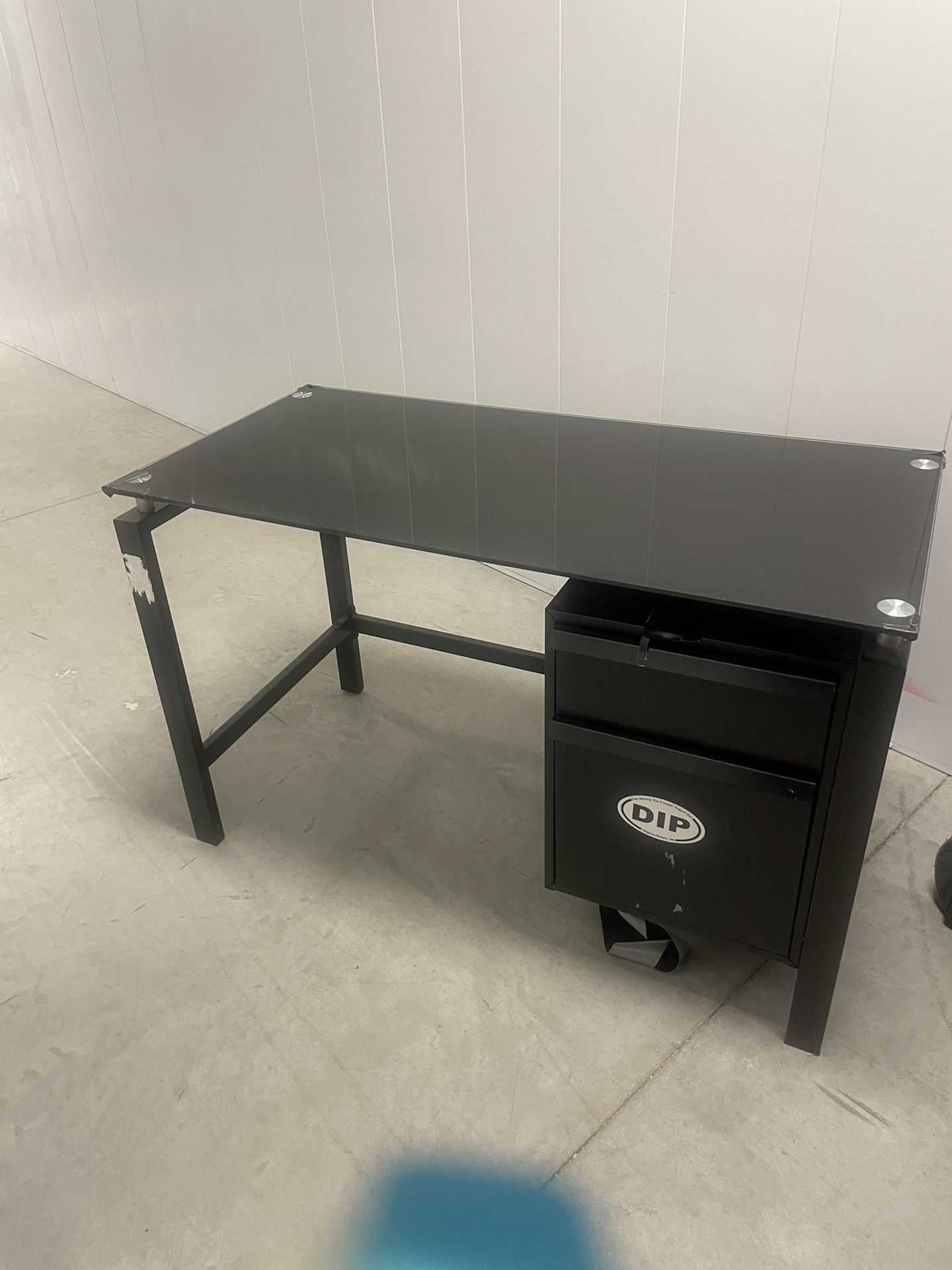 Black Desk With Black glass On top And Black Metal Base, Legs and 2 Drawers