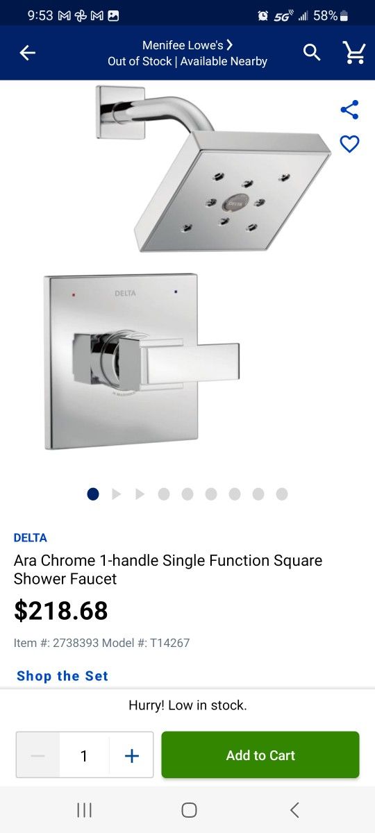 Delta Ara Chrome 1 handle Single Function Square Shower Faucet