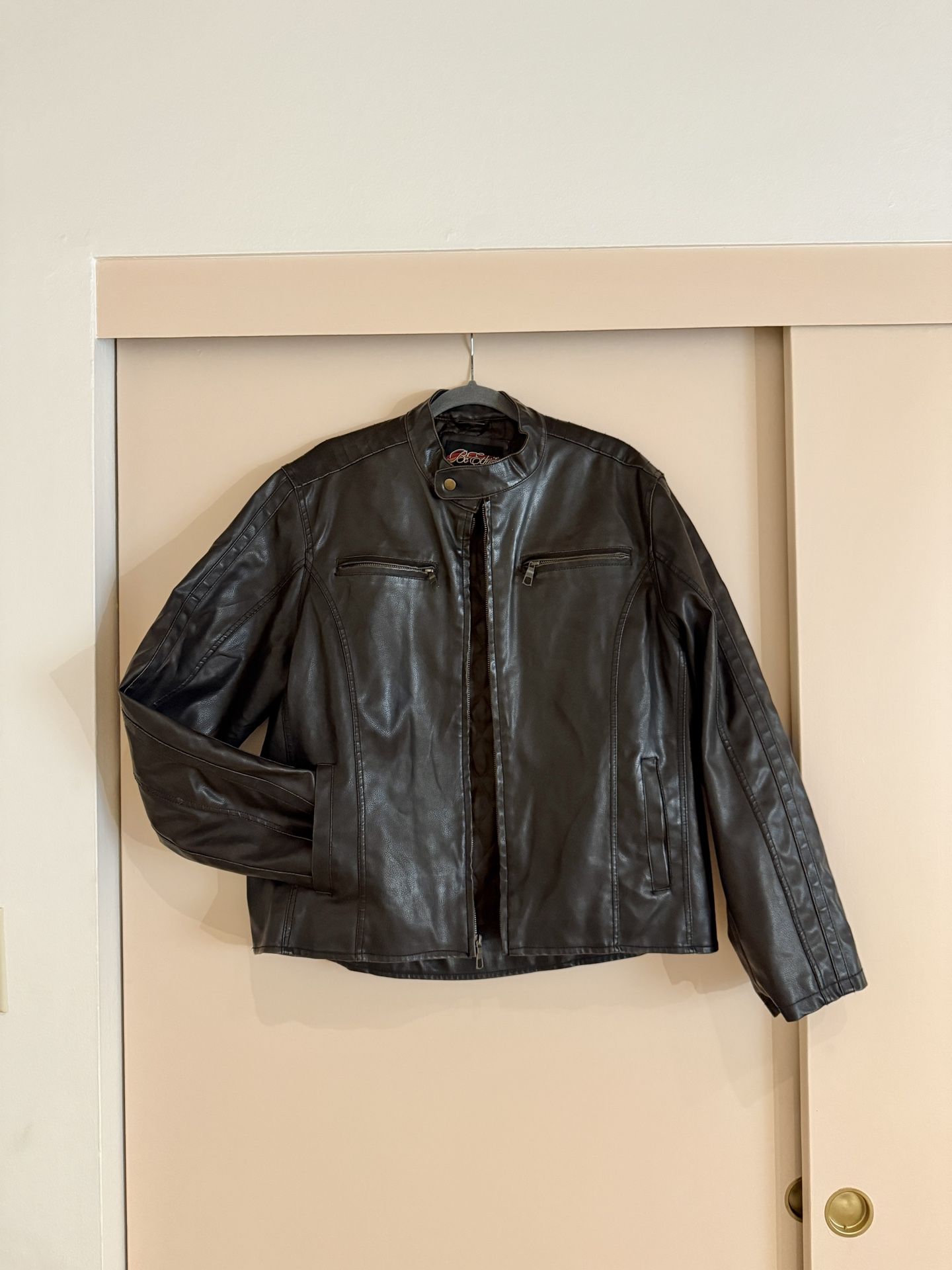 NWOT | BC ETHIC Men’s Brown Faux Leather Motorcycle Jacket, Large (Pacific Beach)