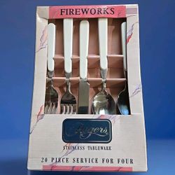 Rogers Fireworks Stainless 20 Piece Service for 4 White Flatware Vintage