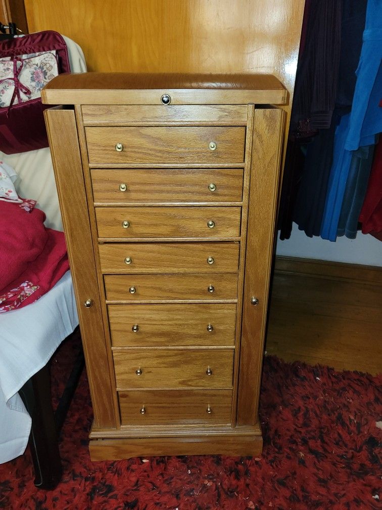 Oak Wood Jewelry Armoire Cabinet Dresser Chest of Drawers - Storage Vintage