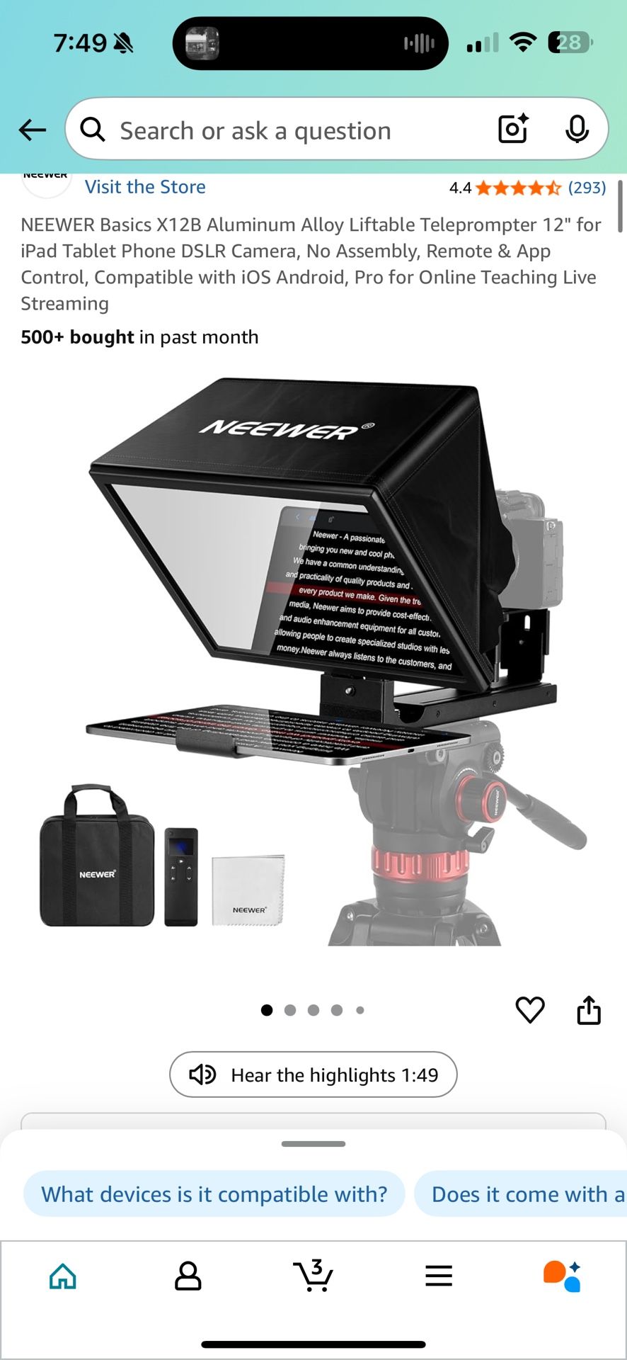 NEEWER Basics X12B Aluminum Alloy Liftable Teleprompter 12" for iPad Tablet Phone DSLR Camera, No Assembly, Remote & App Control, Compatible with iOS