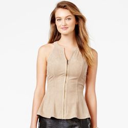 GUESS 90's Vibes Tan Beige Faux-Suede V Neck Zip Front Peplum Tank Top