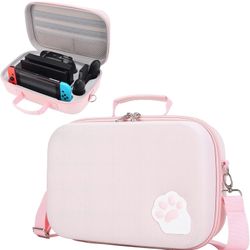 Pink Cute Cat Paw Case Compatible with Nintendo Switch/OLED Model Portable Compact Hard Shell