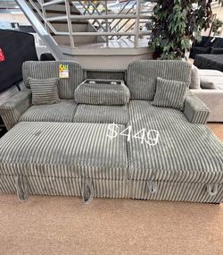 Gorgeous‼️ 2-Pc Light Gray Corduroy Sectional Sofa Set With Storage, Pullout Bed, And USB Port