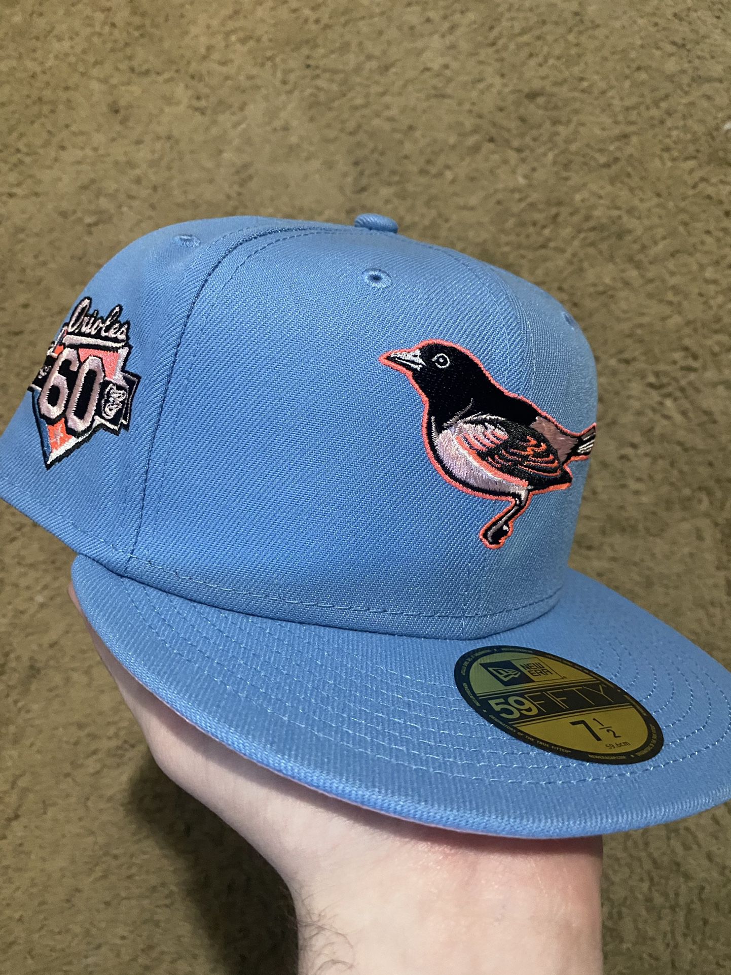 Sneakertown Exclusive Baltimore Orioles 60th Patch Fitted Sky Blue/Pink UV Size 7 1/2