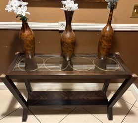 Complete Dark Wood Living Room Furniture Set – Coffee Table, End Table, Console & Mirror