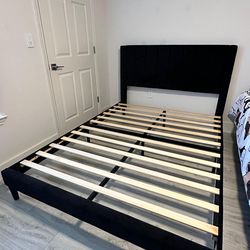 Queen Bed Frame with Black Velvet Upholstered Headboard