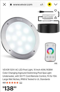 VEVOR 120V AC LED Pool Light, 10 Inch 40W, RGBW Color Changing Inground Swimming Pool Spa Light Underwater, with 50 FT Cord Remote Control, Fit for 10