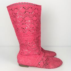 Women size 6 Lace Hollow Boots Shoes Breathable Knit Line Mesh Boots Knee Pink