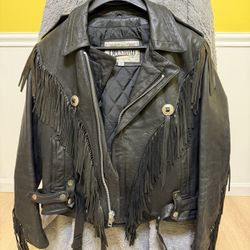 Black Leather Fringe Jacket – Western / Biker Style – Size 44