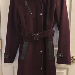 Michael Kors Pea coat- Size LARGE Burgundy With Leather Trim 