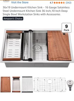 36x19 Undermount Kitchen Sink - 16 Gauge Satainless Steel Undermount Kitchen Sink 36 Inch,10 Inch Deep Single Bowl Workstation Sinks with Accessories