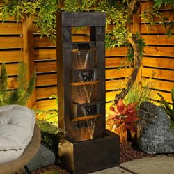 40.94''H Water Fountain Outdoor with LED and Pump, 4 Tiered Large Garden Waterfall Square Patio Waterfalls Feature for Deck Yard Home Backyard Office 