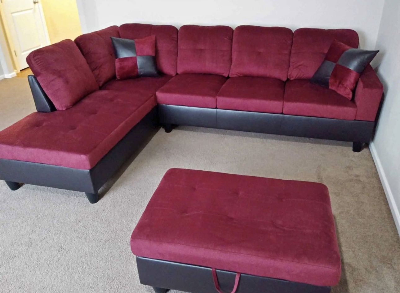 Red Microfiber Sectional Couch And Ottoman