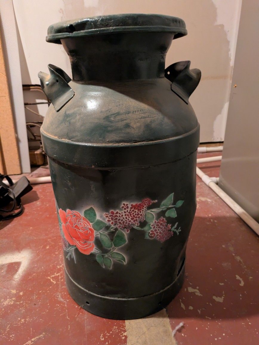 Antique Milk Pale With 2 Handles & Twist Open Lid/Cap.  Hand Painted.  5 Gallon Pale/Jug.  