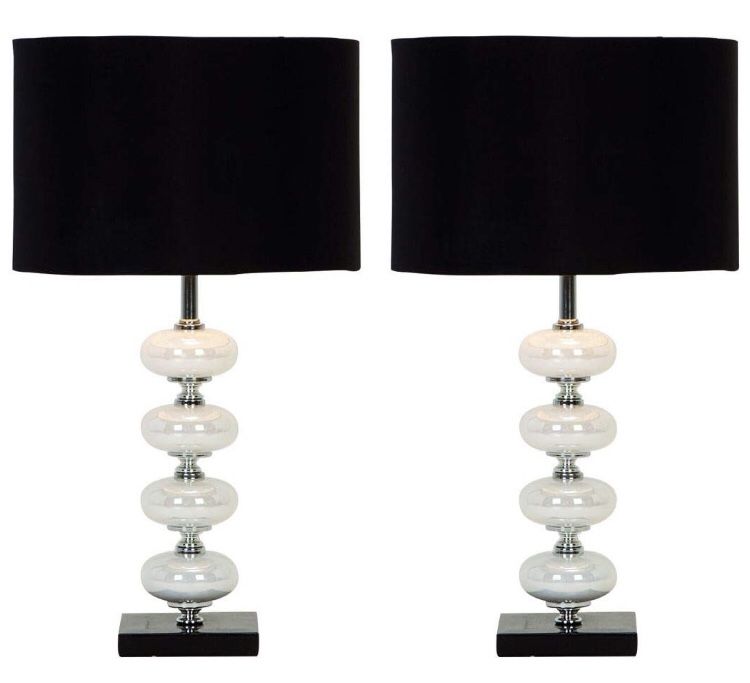 21” TALL CONTEMPORARY METAL AND PEARL GLASS TABLE LAMP with CHROME FINISH DETAIL ON SQUARE BASE with HARD BLACK DRUM SHADE ...... “LIKE NEW” CONDITIO