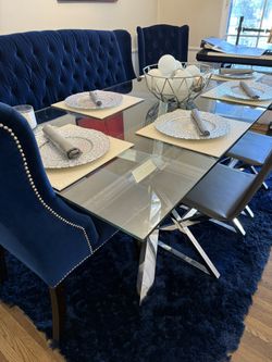 Z Gallerie Custom Luxury Dining Room Set With Glass Table, Chairs, Lounge, Hutch, Wall Art, Table Accents