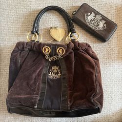 JUICY COUTURE Brown Velour Black Felt Leather DAYDREAMER Bag Purse + Wallet