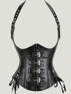 Black Faux Leather Halter Corset with Buckles