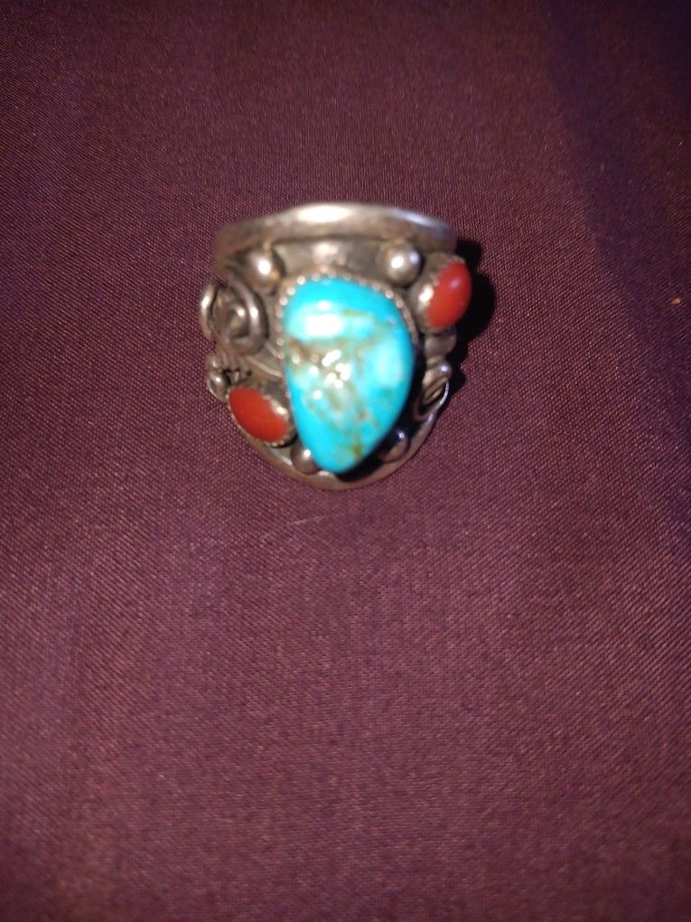 Turquoise And Coral Sterling Silver Ring 91/2