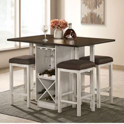 Brand New Rustic Style Antique White & Walnut 5pc Counter Height Dining Table Set