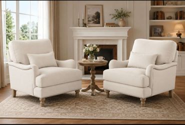 2 Ivory Fabric Arm Sofa Chair Filled with Goose Down and Foam Upholstered Accent Chair