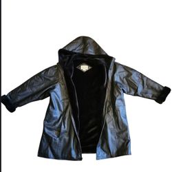 FITZ-WRIGHT Black Leather Zip-Up Jacket/Coat With Hood -Faux Fur Lined Sz 2X VTG