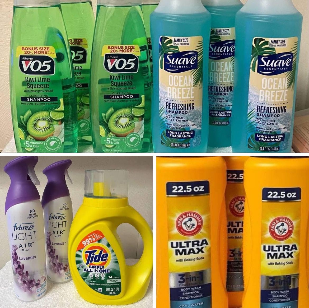 This bundle includes Tide, Febreze, Suave, VO5, and Arm & Hammer products, featuring shampoo, body wash, and detergents, along with Febreze, for a tot