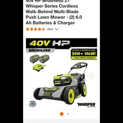 RYOBI


40V HP Brushless 21"
Whisper Series Cordless
Walk-Behind Multi-Blade
Push Lawn Mower - (2) 6.0
Ah Batteries & Charger