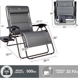 Timber Ridge XXL Oversized Zero Gravity Chair, Patio Lounger w/Side Table, 33” Reclining Lawn Chair