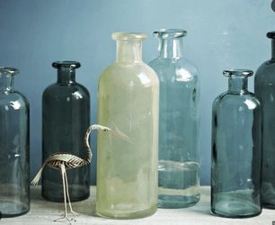 ♻️ Set of 7 West Elm Recycled Glass Bottles – Blue & Green Tones