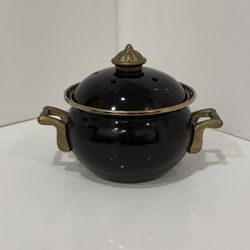 Vintage Normandy 1 quart black enamel cookware, cooking pot with brass handles, retro mod gift, modern farmhouse, shabby chic, tiered tray