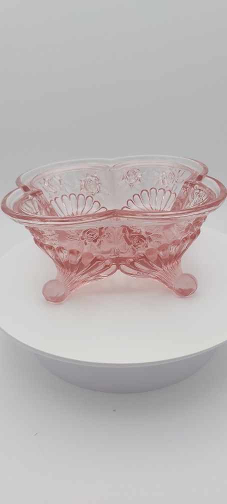 Gorgeous Vintage Pink Glass Footed Bowl With Roses