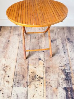 Vintage Round Bamboo Folding Table – 35.5" – Boho Coastal Rattan Style-#1182