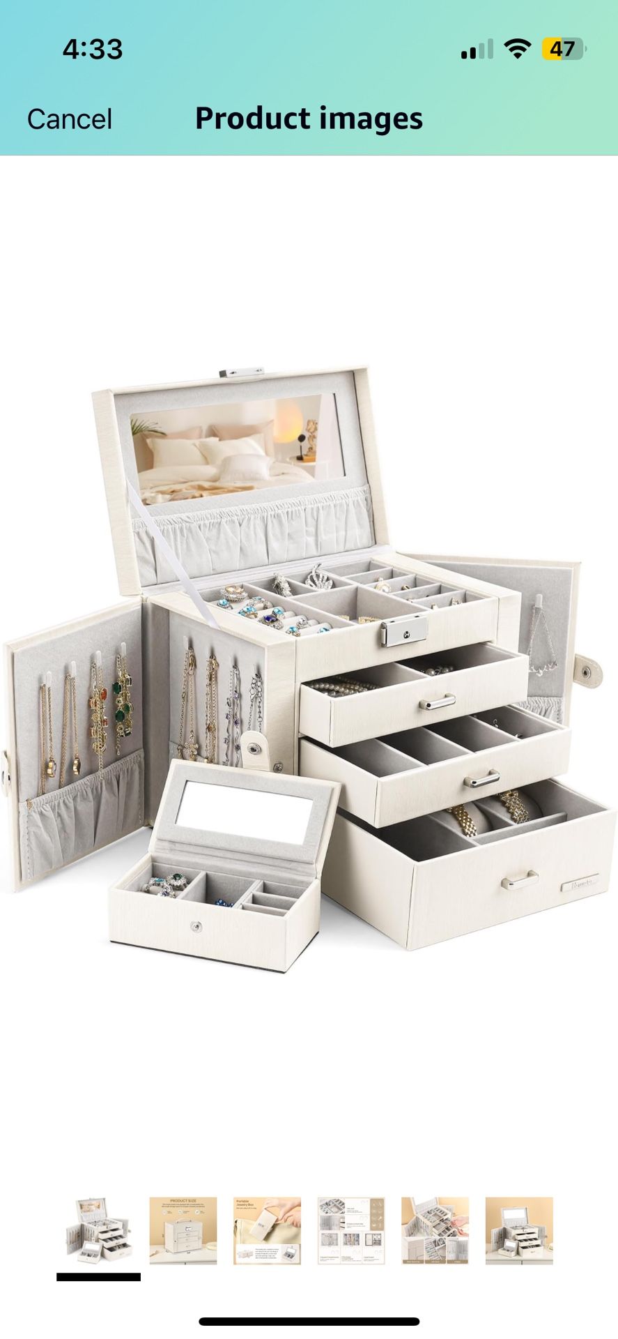 Jewelry Box for Women Girls with Small Travel Case Mirror Necklace Ring Earrings Organizer White Wood Grain