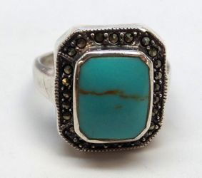 Sterling Silver-Turquoise and Marcasite Ring. Size 6.5