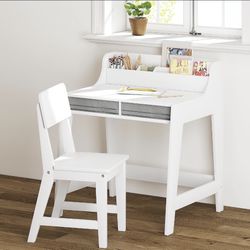 UTEX Kids Desk and Chair Set, Study Desk for Kids with Storage Bins, Wooden Children Study Table, Student Writing Desk for Bedroom & Study Room