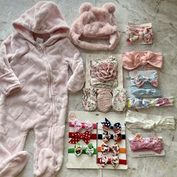 Baby Girl Bundle Pink Heart Footed Winter Romper /fluffy Hat/ Mixed Bows Baby 