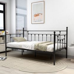 Twin Size Metal Daybed Guest Bed Frame for Living Room Bedroom Steel Slat Support No Box Spring Needed Space Saving Black