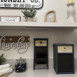 Corrugated washboard with galvanized bins attached and decorative laundry room decor container 