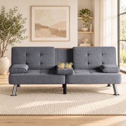 New 63 in. Dark Gray Linen Fabric Convertible Futon Sofa Bed with Futon Mattress, Folding Loveseat Sleeper with Cup Holders New in box V-FS203F0DGYD