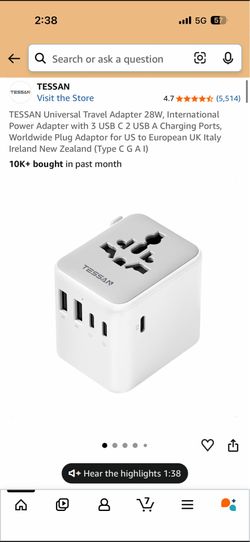 Brand New TESSAN Universal Travel Adapter 28W | 3 USB-C + 2 USB-A