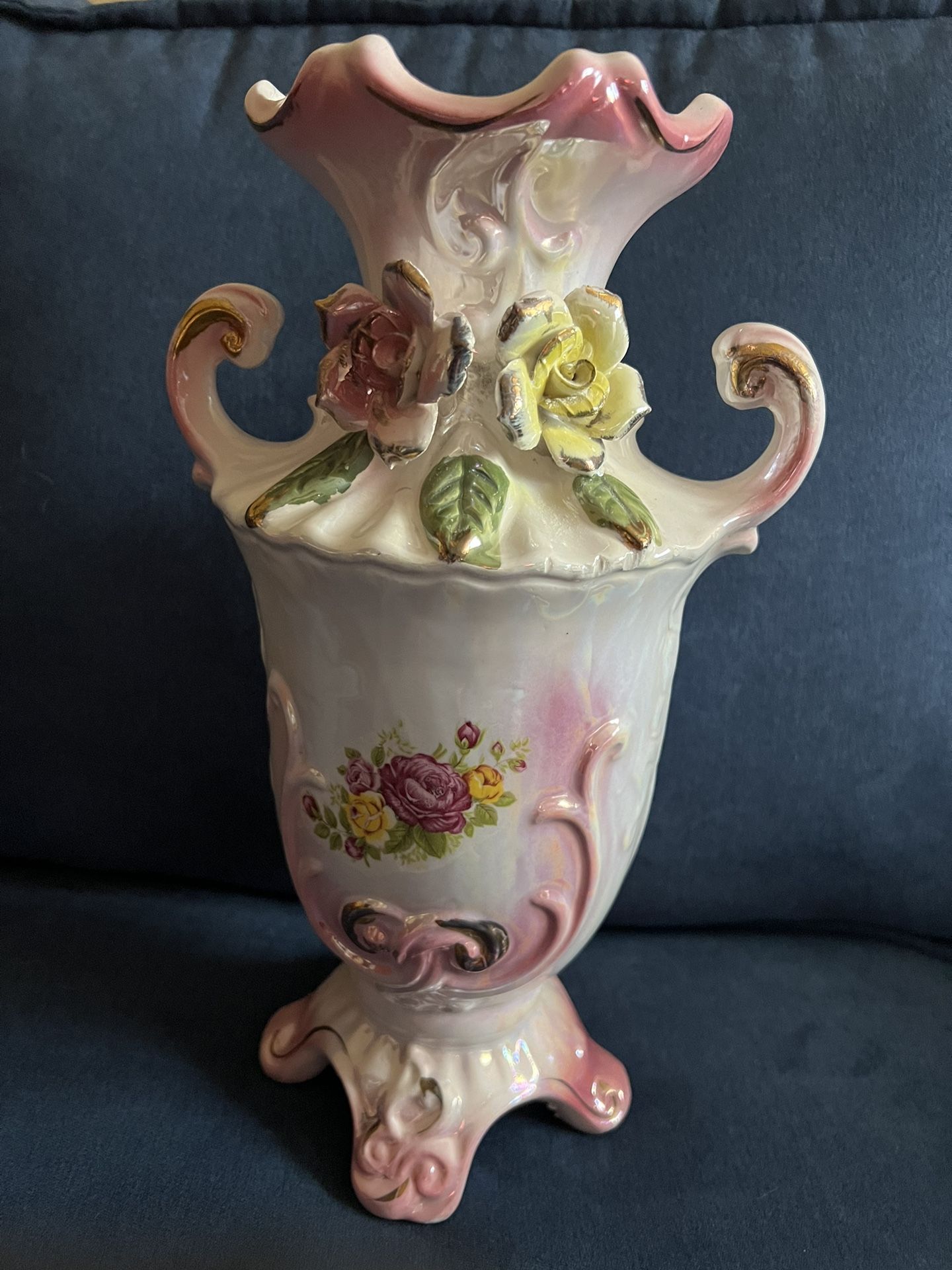 Vintage Taiwan Pink Lusterware Floral Motif Ceramic Vase With Hand-Modeled Flowers