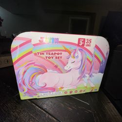 JOYIN 35Pcs Unicorn Tea Party Set for Little Girls, Pretend Tin Teapot Set, 